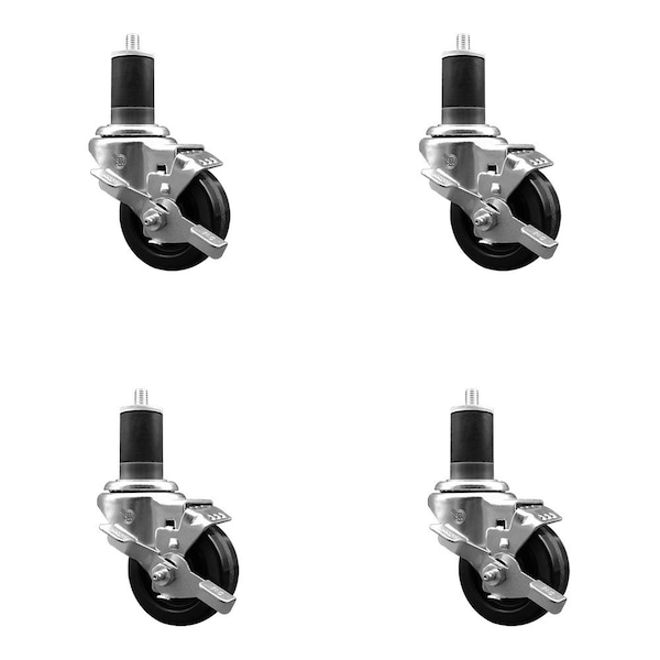 3'' Phenolic Swivel 1-5/8'' Expanding Stem Caster Set with Brake, 4PK